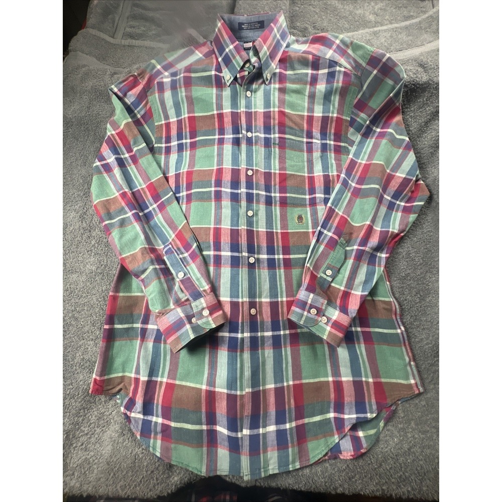 VTG 90's Tommy Hilfiger Men's  M/M Multicolor Plaid Crest Logo Long Sleeve Shirt